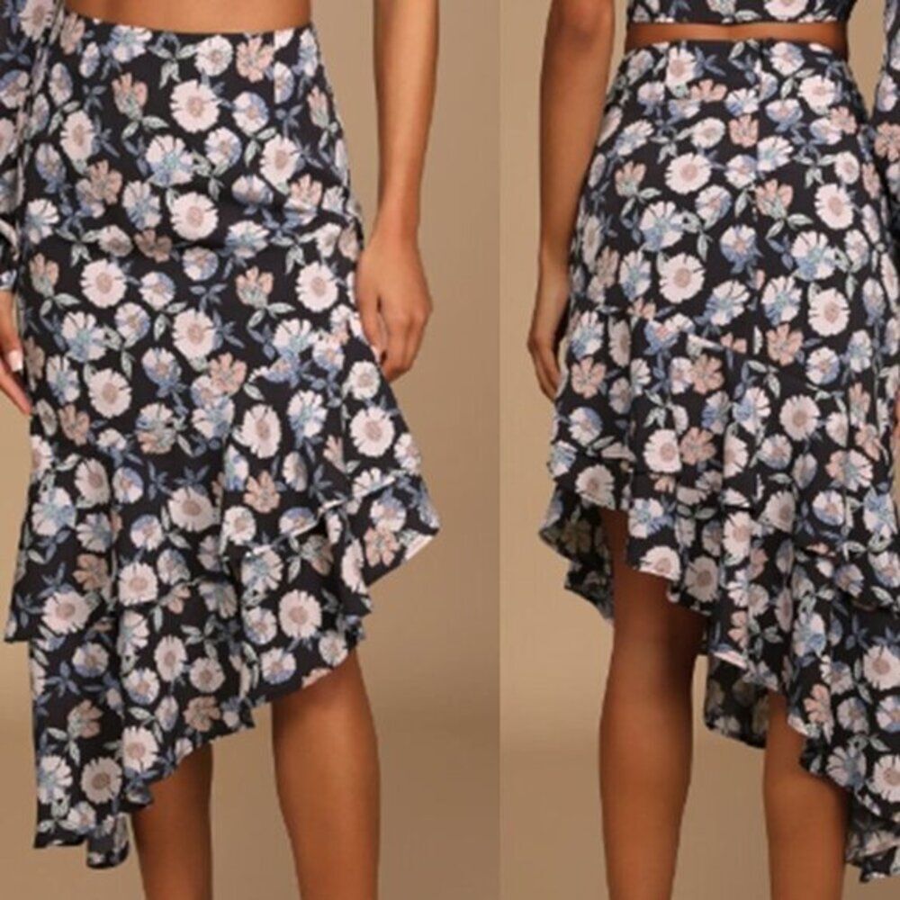 Lulu's Women's Black Floral Print Asymmetrical Midi Skirt Party Event Cocktail